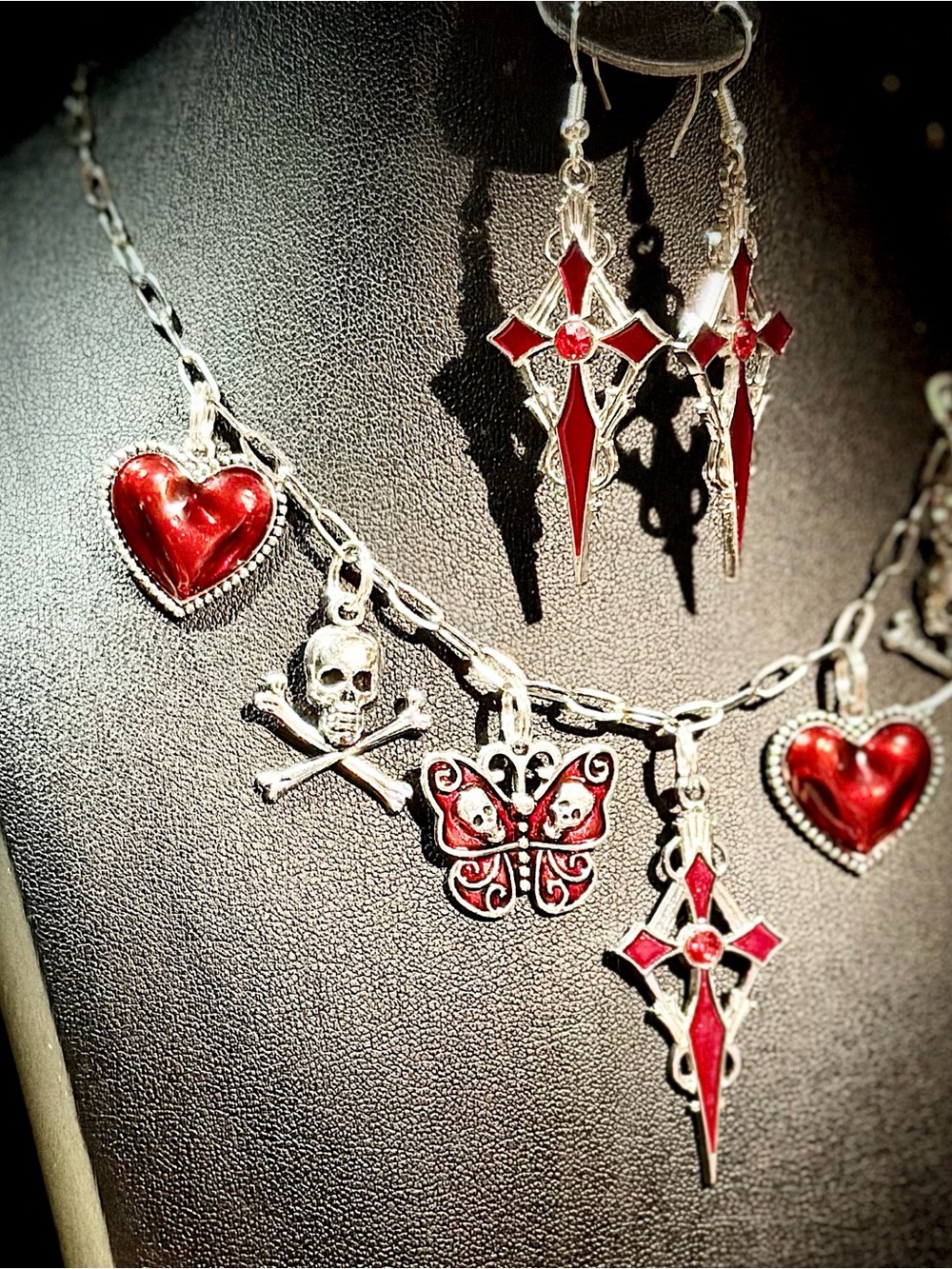 Red Enamel Gothic Charm Necklace & Earring Set - Picture 3 of 5